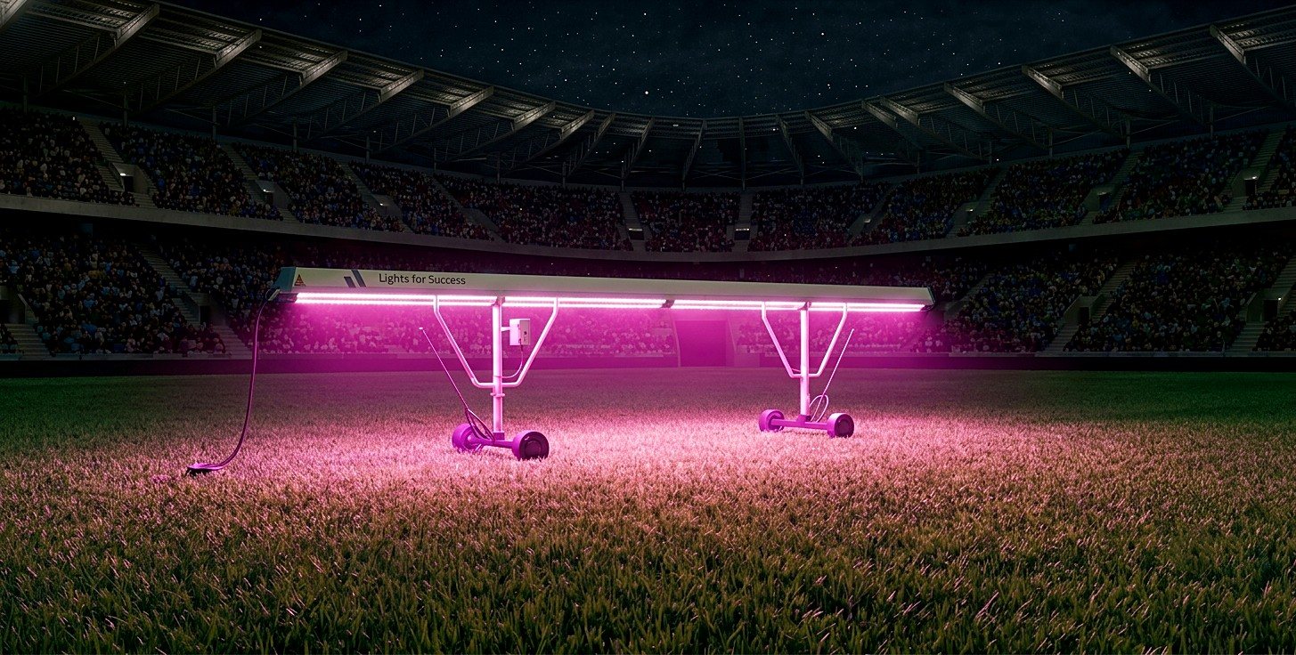 An EnovaLight rig treating a stadium pitch at night