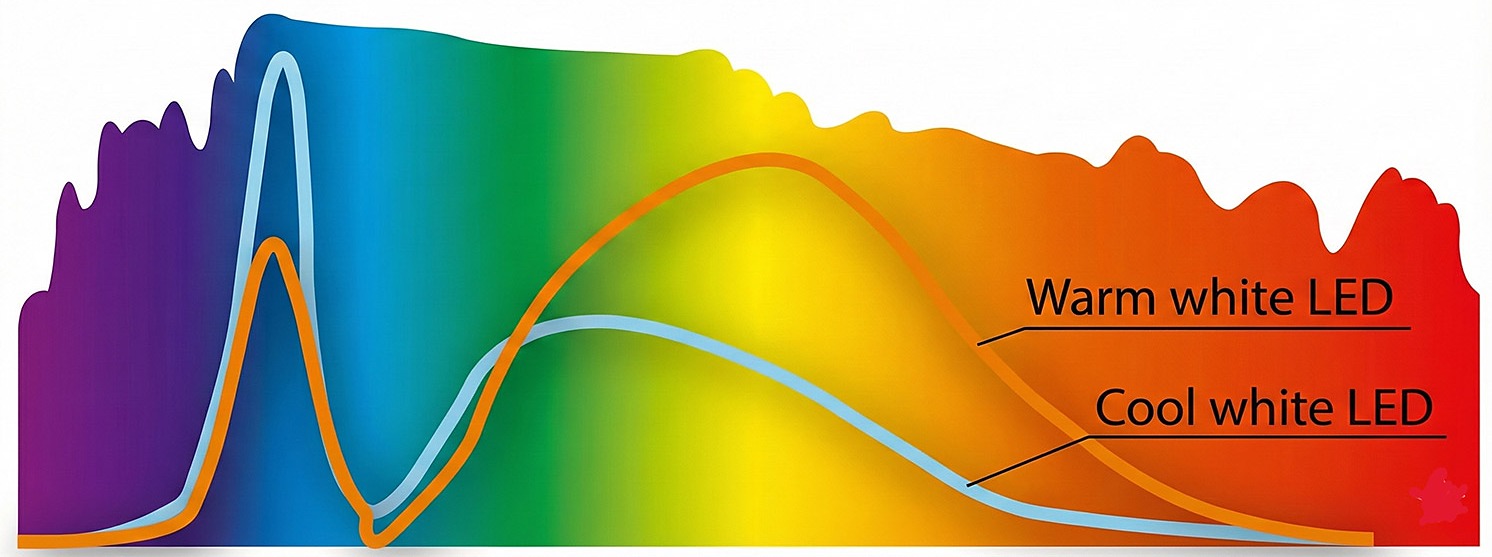Spectral power distribution of warm white and cool white LED against the visible spectrum